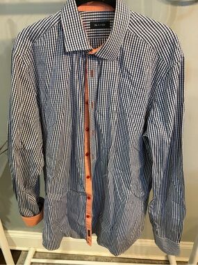 SAND Men's Blue Gingham Button-Down Shirt with Orange Contrast Trim size 42/16.5